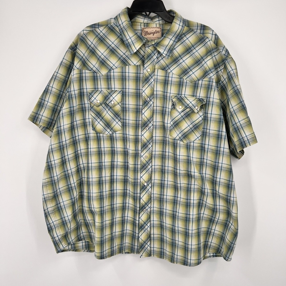 Wrangler‎ Pearl Snap Shirt Mens 3XL Green Plaid Western Cowboy Short Sleeve